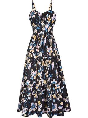 Women's Black Yellow Boho Floral Maxi Sundress Summer Beach Flowy Dress
